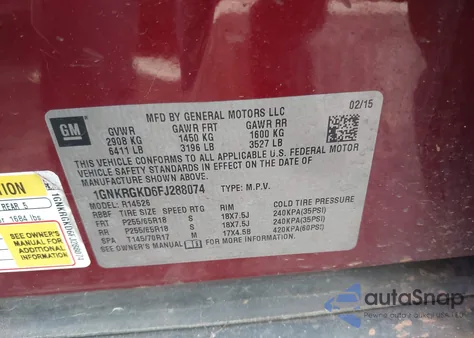 2015 Chevrolet Traverse 1Lt z USA, uszkodzony, nr VIN 1GNKRGKD6FJ288074